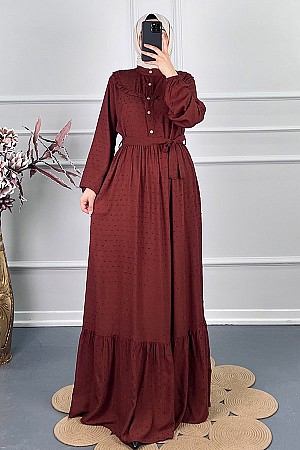 Ponpon Viskon Elbise - Kahverengi