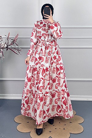 Şal Desenli Elbise - Kırmızı