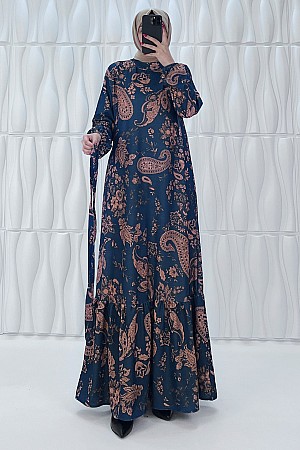 Şal Desenli Elbise - Petrol Mavisi