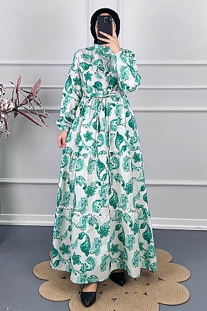 Şal Desenli Elbise - Su Yeşili