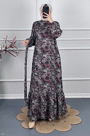 Şal Desenli Viskon Elbise - Kırmızı