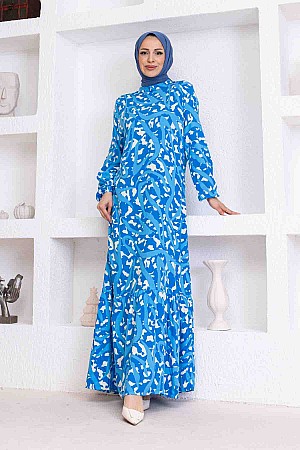 Sarmal Desenli Elbise - Mavi
