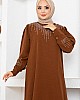 Taş Detaylı Krep Kumaş Elbise - Kahverengi