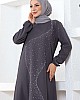 Taşlı Krep Elbise - Gri