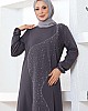 Taşlı Krep Elbise - Gri