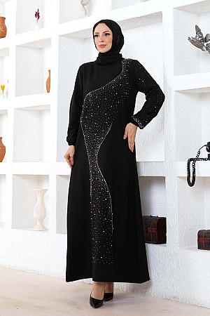 Taşlı Krep Elbise - Siyah Taşlı Krep Elbise - Siyah
