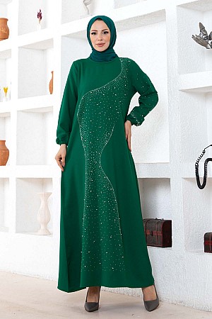 Taşlı Krep Elbise - Yeşil