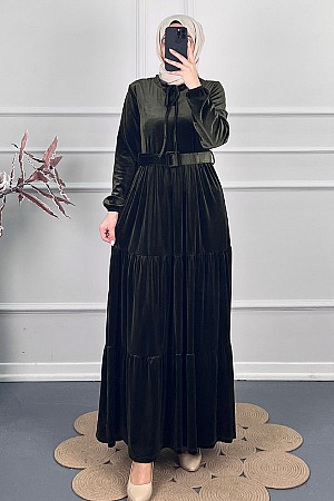 Tesettür Kadife Elbise - Yeşil