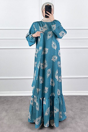 Tüy Desenli Elbise - Mavi