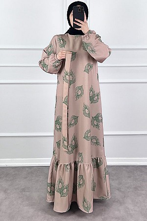 Tüy Desenli Elbise - Vizon