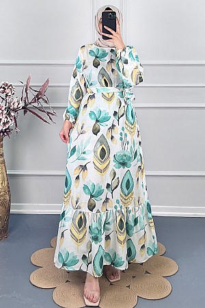 Tüy Desenli Keten Elbise