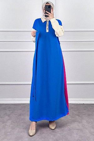 Üç Renk Kuşaklı Elbise - Mavi