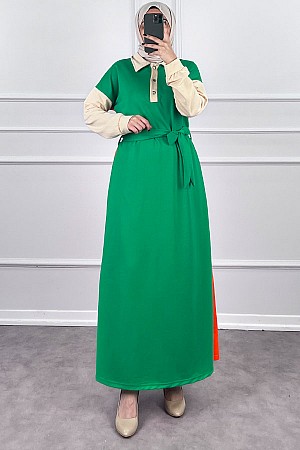 Üç Renk Kuşaklı Elbise - Yeşil