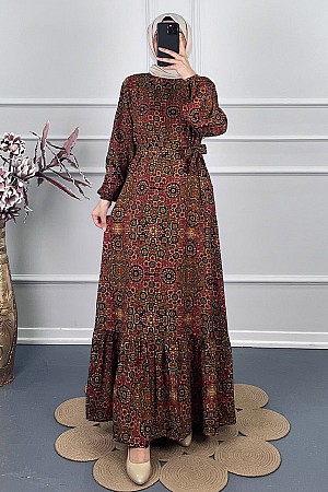 Vip Desenli Elbise - Bordo