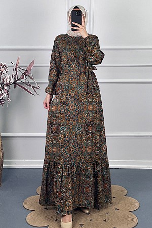 Vip Desenli Elbise - Yeşil