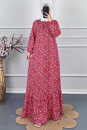 Viskon Kumaş Çiçekli Elbise - Kırmızı