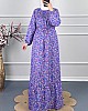 Viskon Kumaş Çiçekli Elbise - Mor