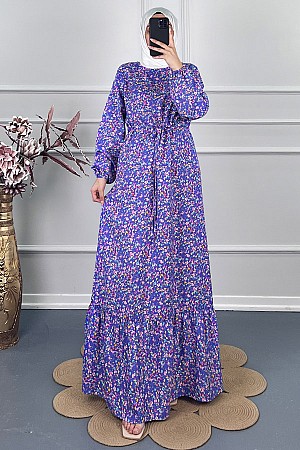Viskon Kumaş Çiçekli Elbise - Mor