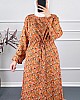 Viskon Kumaş Çiçekli Elbise - Turuncu