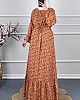 Viskon Kumaş Çiçekli Elbise - Turuncu