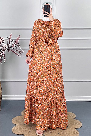 Viskon Kumaş Çiçekli Elbise - Turuncu