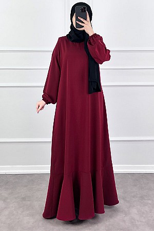 Volanlı Jakar Elbise - Bordo Volanlı Jakar Elbise - Bordo