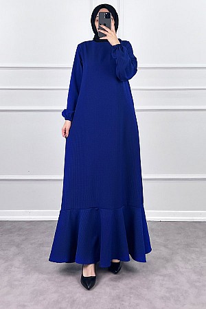 Volanlı Jakar Elbise - Lacivert