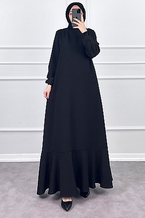 Volanlı Jakar Elbise - Siyah
