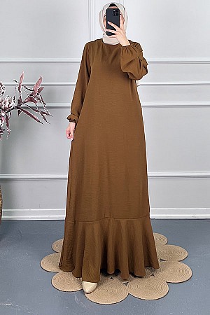 Volanlı Tesettür Elbise - Camel