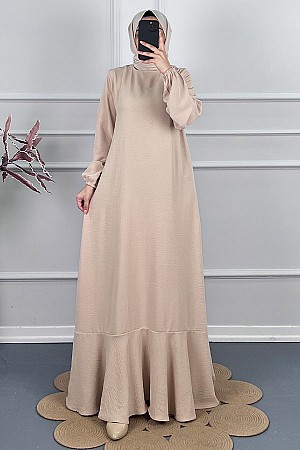 Volanlı Tesettür Elbise - Taş
