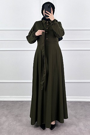 Yakalı Tesettür Elbise - Haki