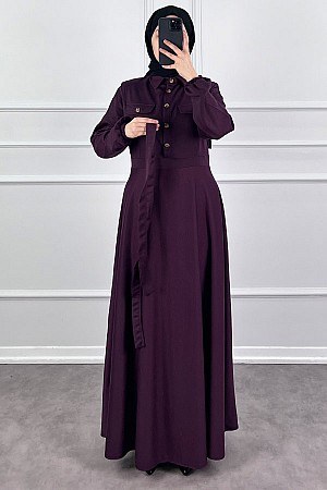 Yakalı Tesettür Elbise - Mürdüm Yakalı Tesettür Elbise - Mürdüm