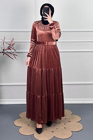 Yakası Güpür Detaylı Kadife Elbise - Kahverengi