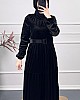Yakası Gupur Detaylı Kadife Elbise - Siyah