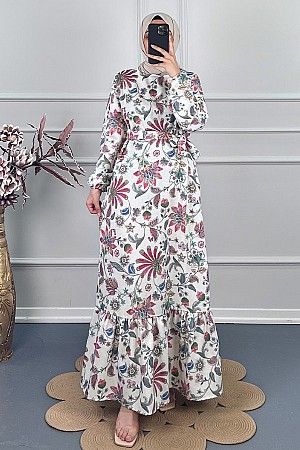 Yaprak Desenli Keten Elbise