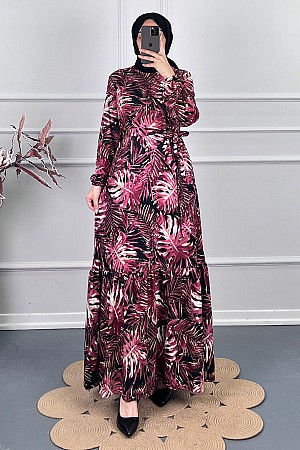 Yaprak Desenli Kışlık Süet Elbise - Bordo