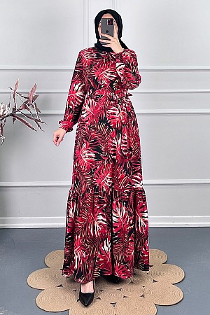 Yaprak Desenli Kışlık Süet Elbise - Kırmızı