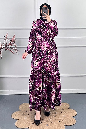 Yaprak Desenli Kışlık Süet Elbise - Mor