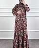Yaprak Desenli Krep Kumaş Elbise - Kahverengi