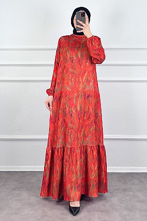 Yaprak Desenli Krep Kumaş Elbise - Kırmızı Yaprak Desenli Krep Kumaş Elbise - Kırmızı