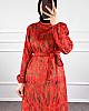 Yaprak Desenli Krep Kumaş Elbise - Kırmızı