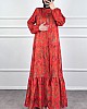 Yaprak Desenli Krep Kumaş Elbise - Kırmızı