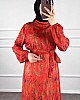 Yaprak Desenli Krep Kumaş Elbise - Kırmızı