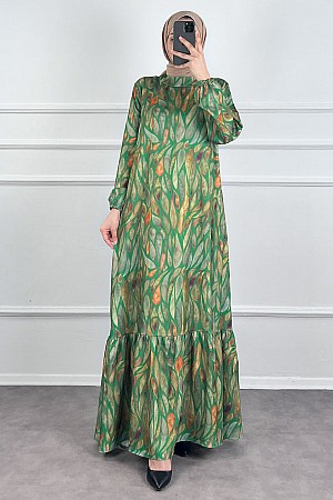 Yaprak Desenli Krep Kumaş Elbise - Yeşil Yaprak Desenli Krep Kumaş Elbise - Yeşil