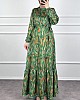 Yaprak Desenli Krep Kumaş Elbise - Yeşil