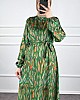 Yaprak Desenli Krep Kumaş Elbise - Yeşil