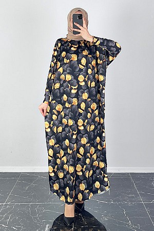 Yonca Desenli Yarasa Kol Elbise - Siyah Yonca Desenli Yarasa Kol Elbise - Siyah