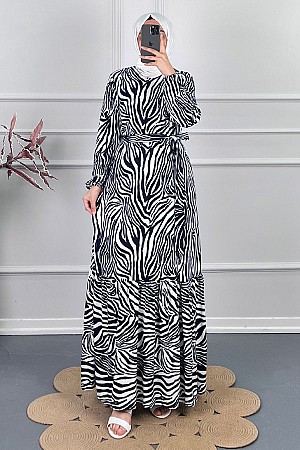 Zebra Desenli Kışlık Süet Elbise - Beyaz