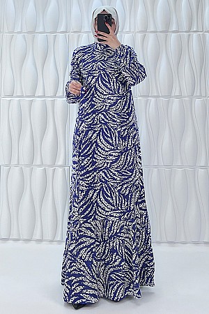 Zebra Desenli Pamuk Viskon Elbise - Mavi