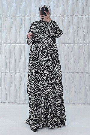 Zebra Desenli Pamuk Viskon Elbise - Siyah